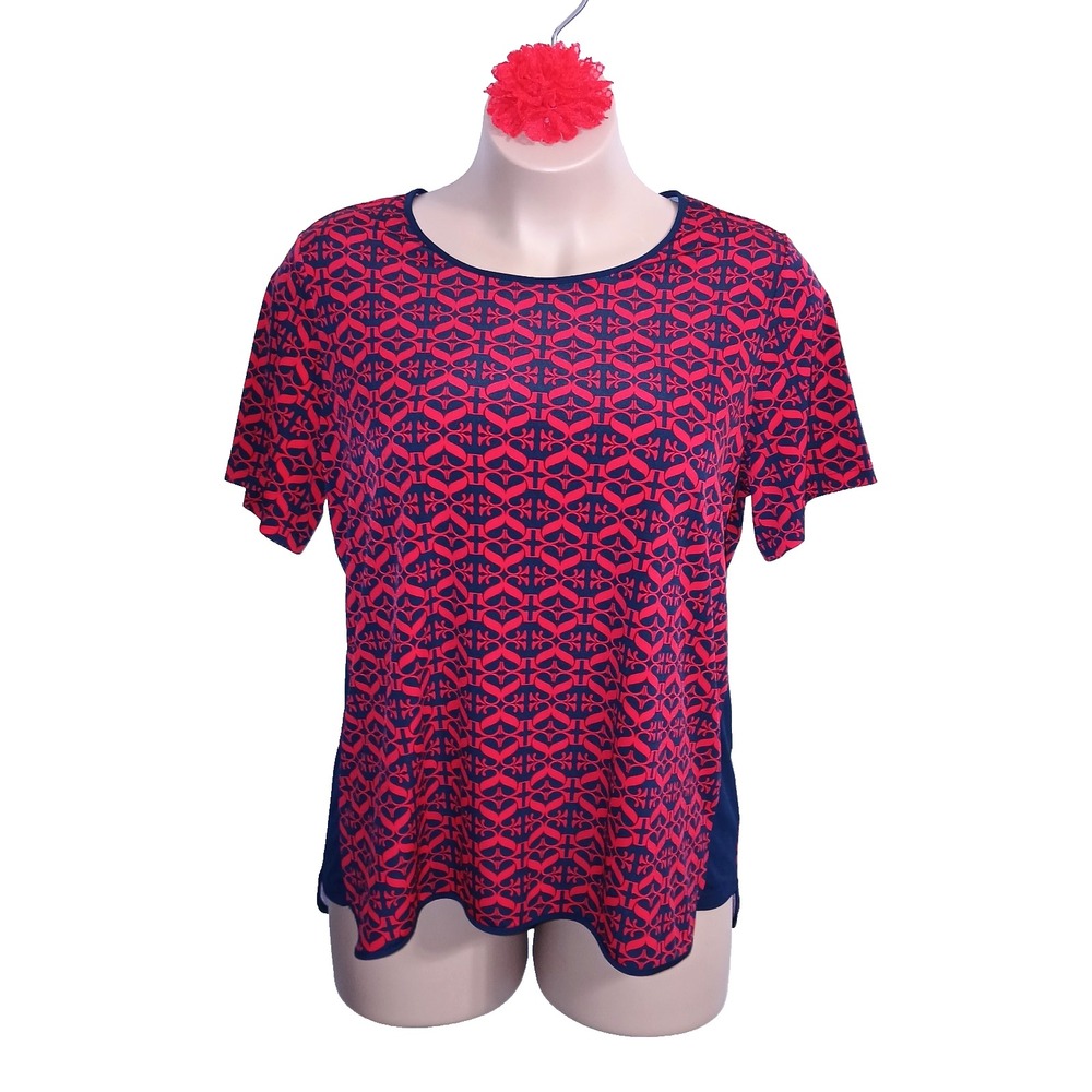 Susan Graver Women Top 1X Red Blue Artsy Stretch QVC Short Sleeve Art To Wear